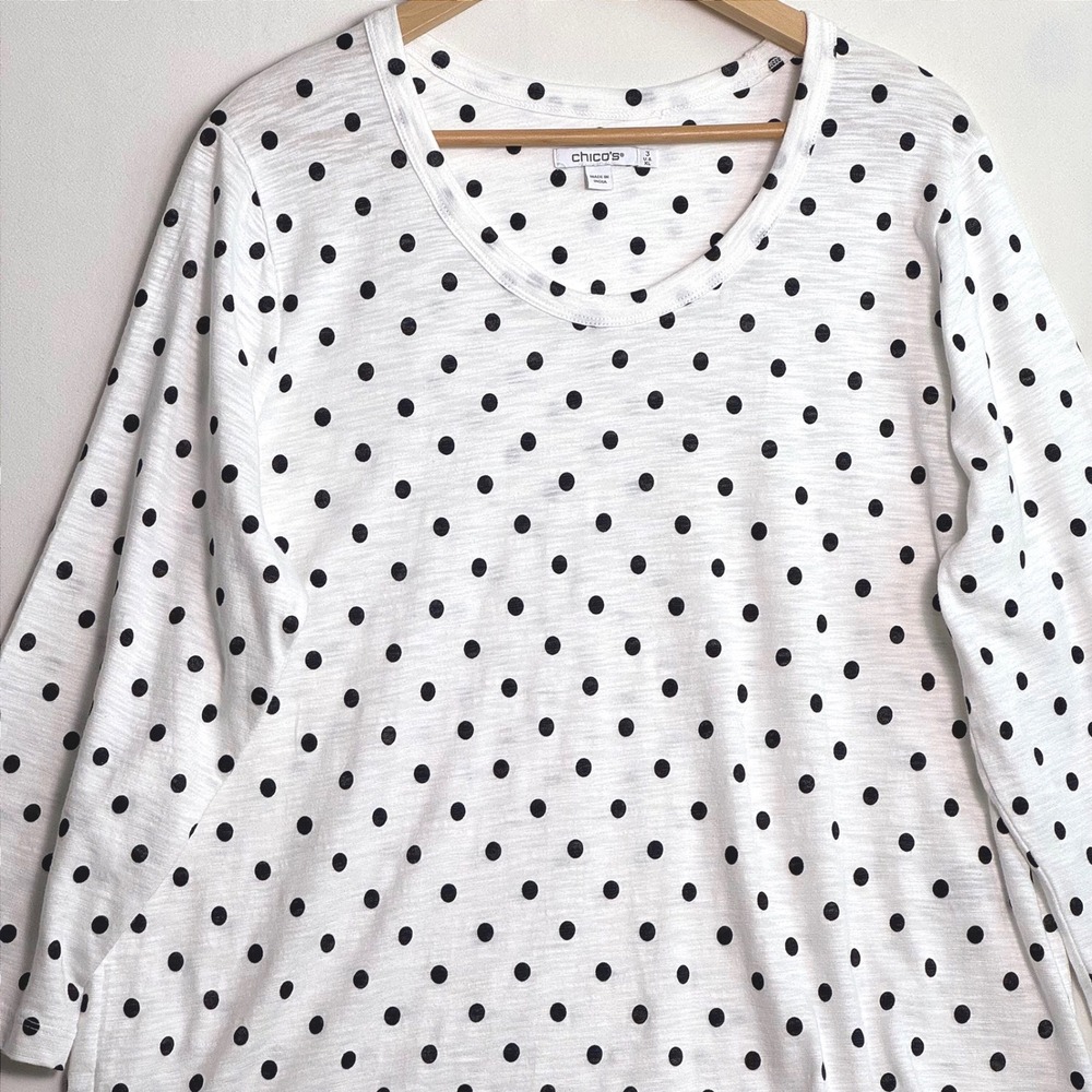 Chicos Polka Dot Slub Knit Top Womens 3 XL White Black 3/4 Sleeve Scoop Neck